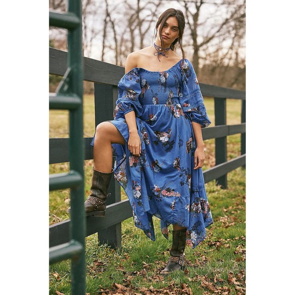 Free People Dresses & Skirts - Free People Extratropical Maxi Dress Blue Floral Smocked Balloon Sleeve S
